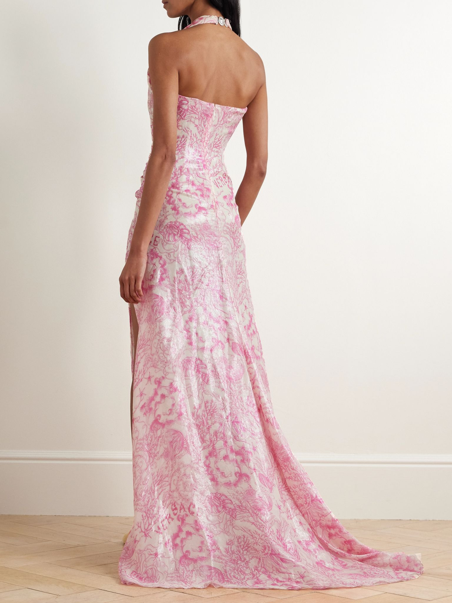 Embellished metallic printed silk-blend chiffon gown Pink - 3