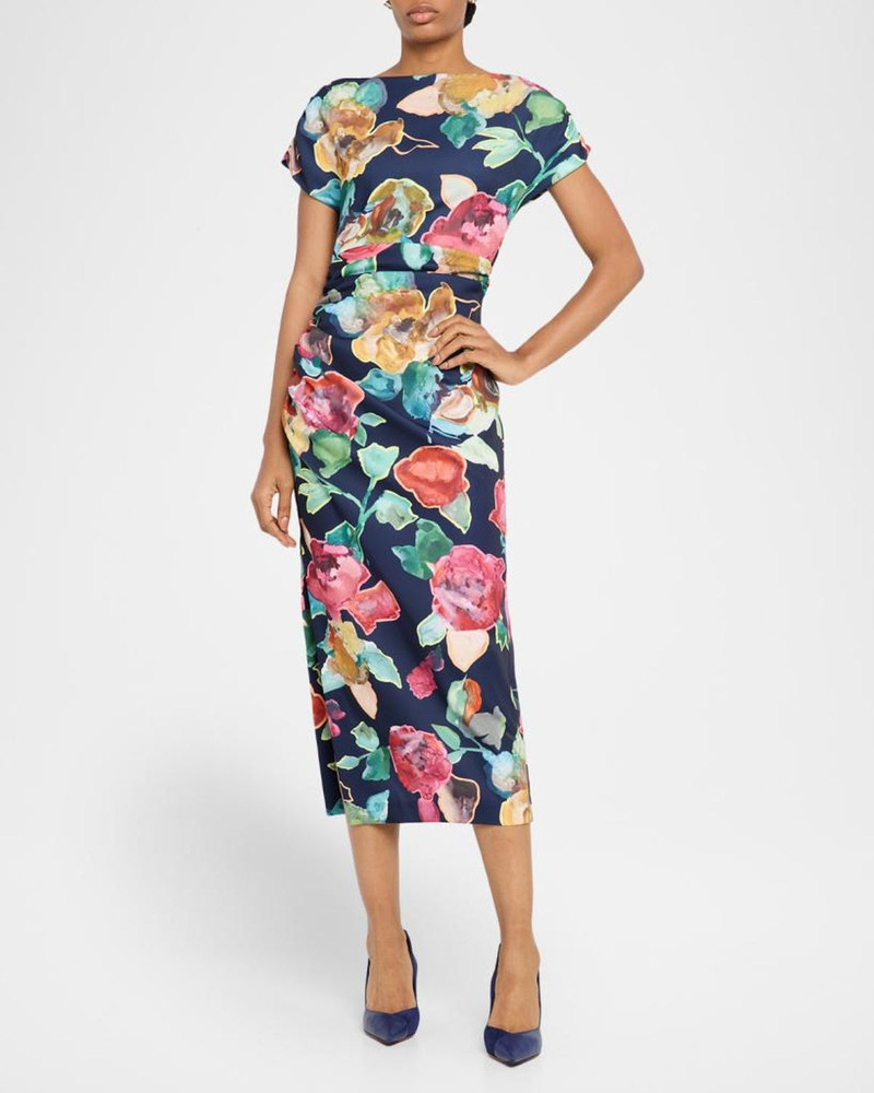 Floral Print Ruched Crepe Midi Dress 5