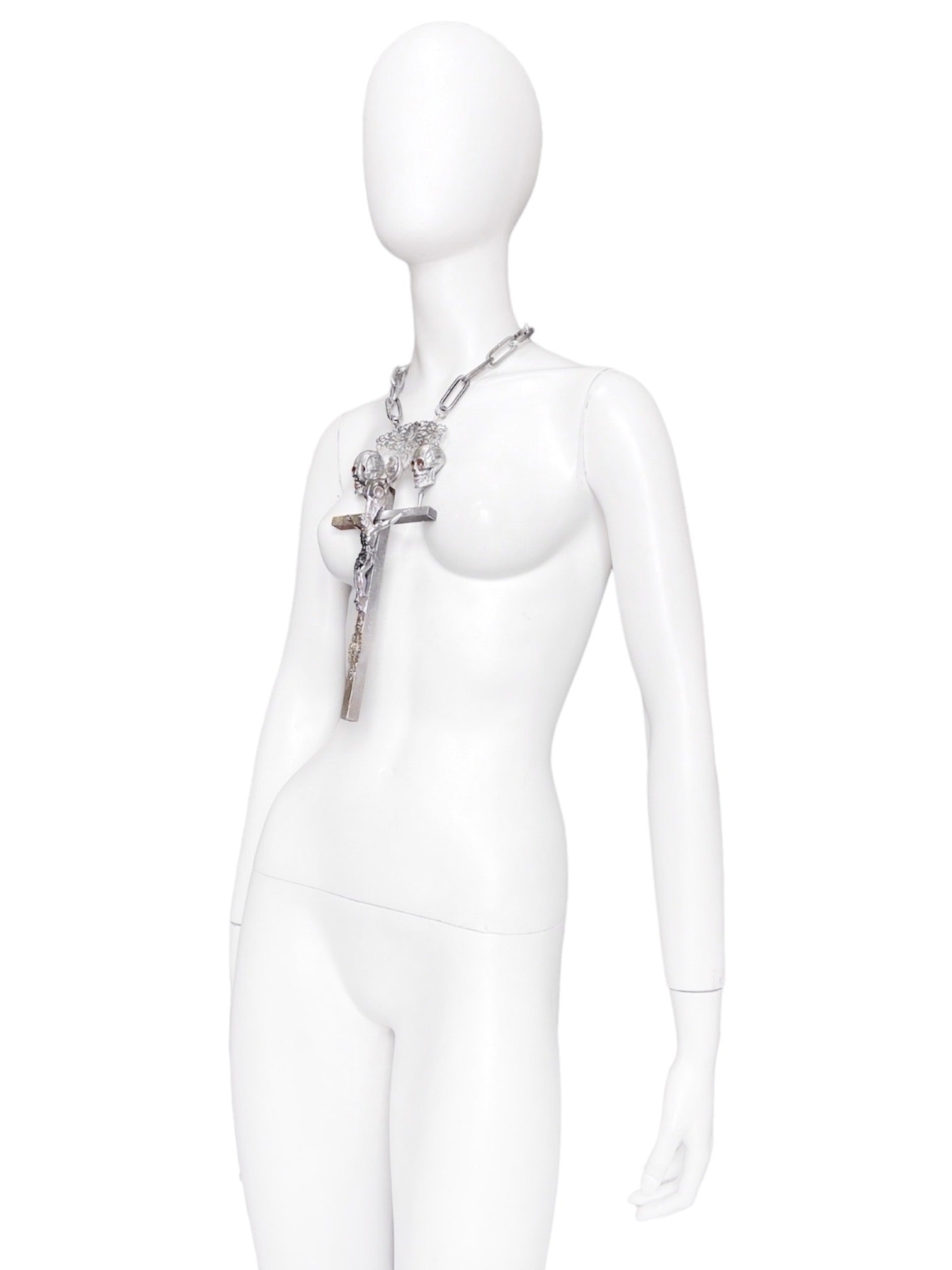 Jean Paul Gaultier 90S Sample 1/1 XXL Silver Crucifix Cross Bull Skull Spiked Chain Necklace - 5