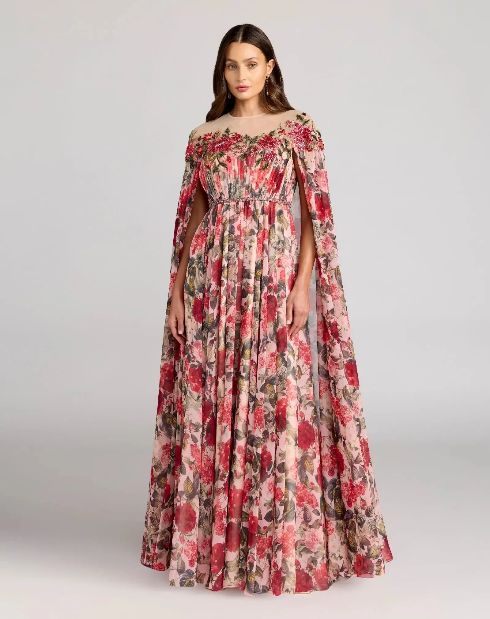 Multicolor Floral Printed Chiffon High Neck Cape Gown - 1