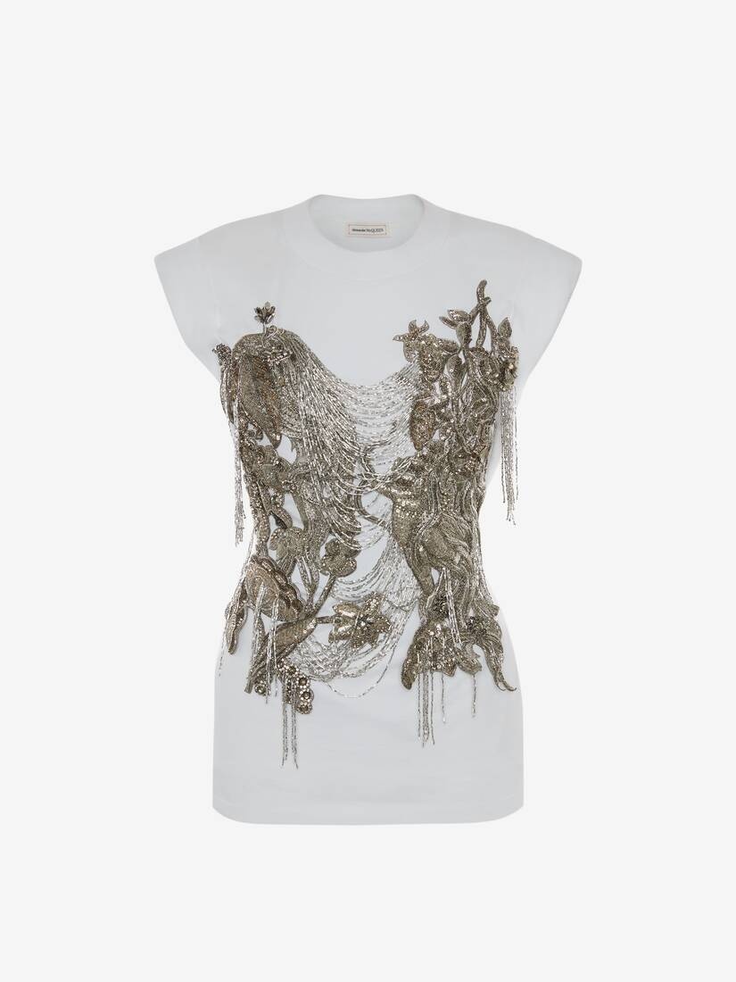 Embroidered Lilypad T-shirt in White/silver - 1