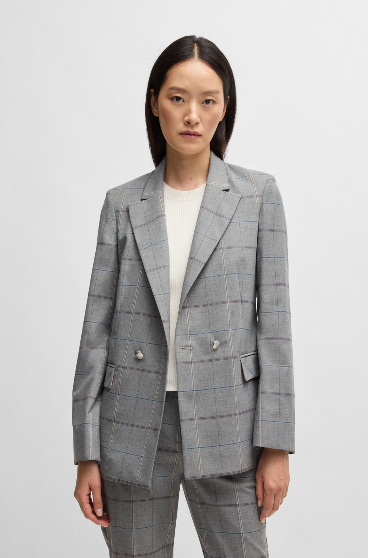 DOUBLE-BREASTED JACKET IN CHECKED STRETCH FABRIC - 2