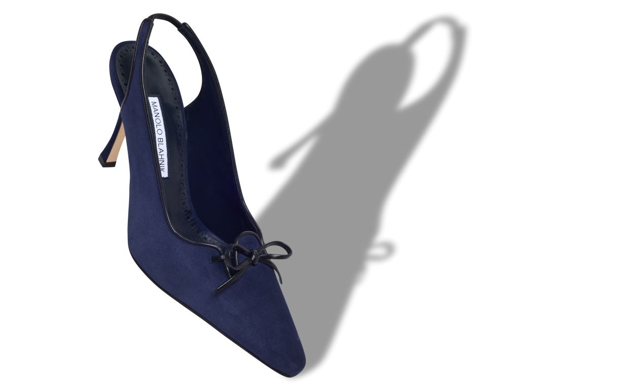 Manolo Blahnik Navy Blue Suede Slingback Pumps | REVERSIBLE