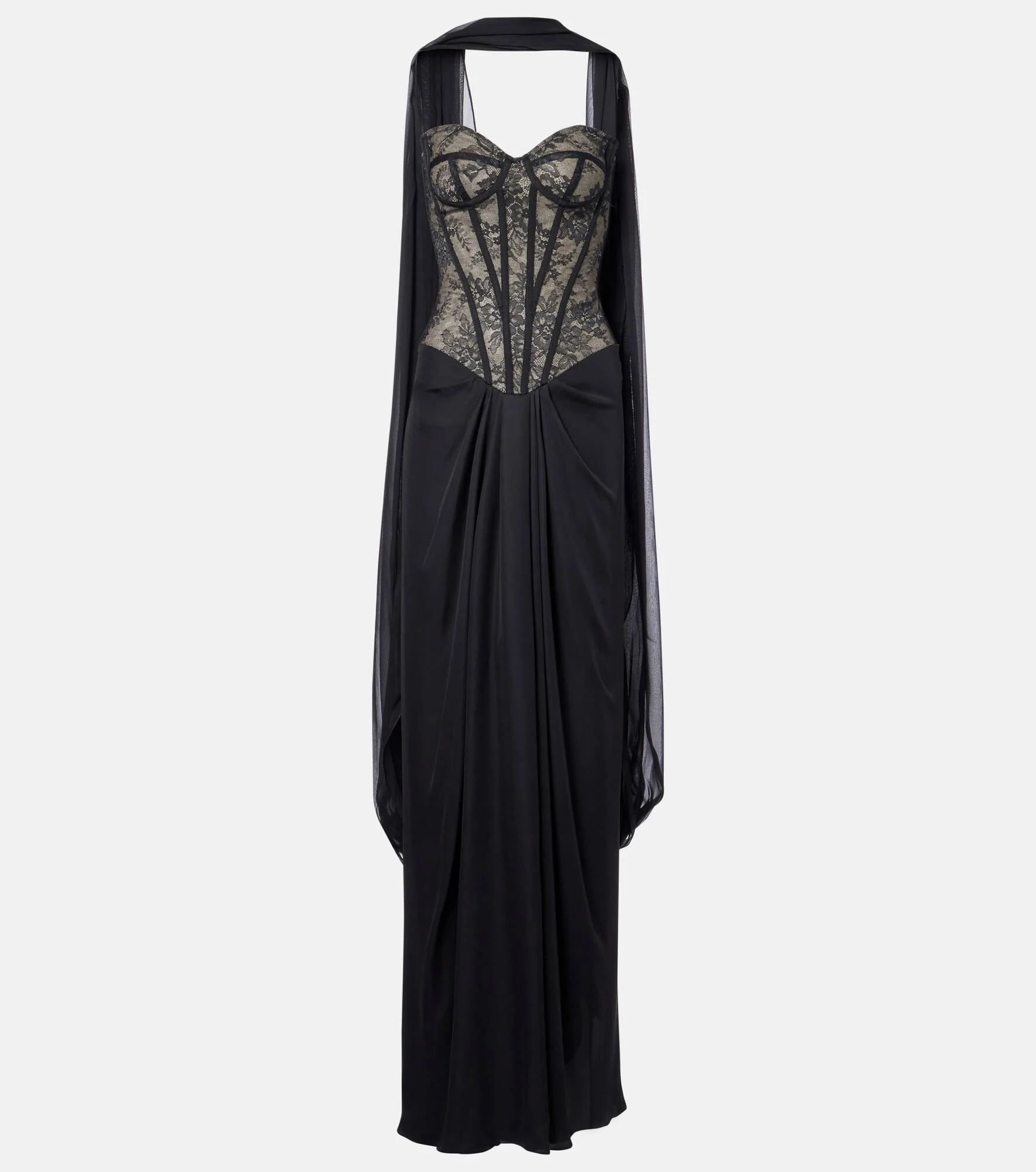 Scarf-detail draped lace gown - 1