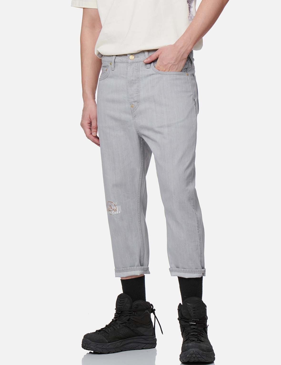 Logo Embroidery Drop-crotch Cropped-fit Denim Jeans #2027 - 8