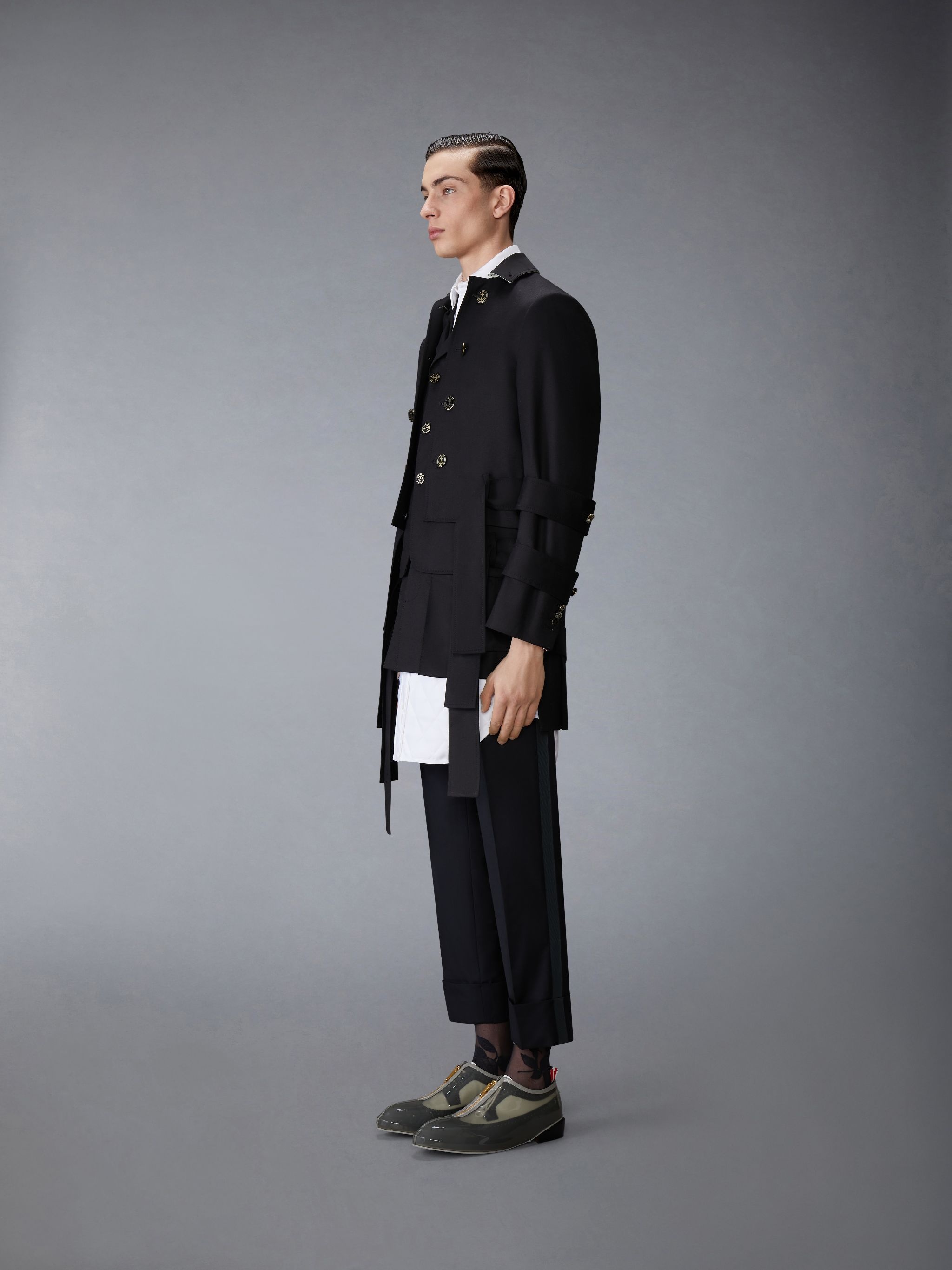 Wool Flannel All in One Modular Bal Collar Overcoat With Mini Pleated Skirt and Silk Faille Lapel - 4