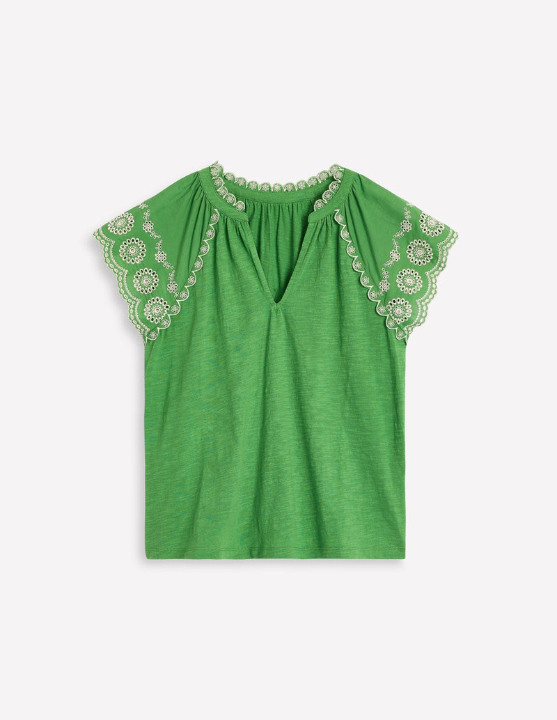 Ila Broderie Sleeve Notch Top-Paradise Green 1