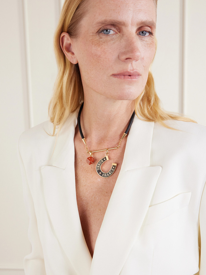 MARIE LICHTENBERG Lasso, Jasper Dado And Bonne Chance Jumbo 18-karat Gold, Ebony And Diamond Leather Necklace outlook