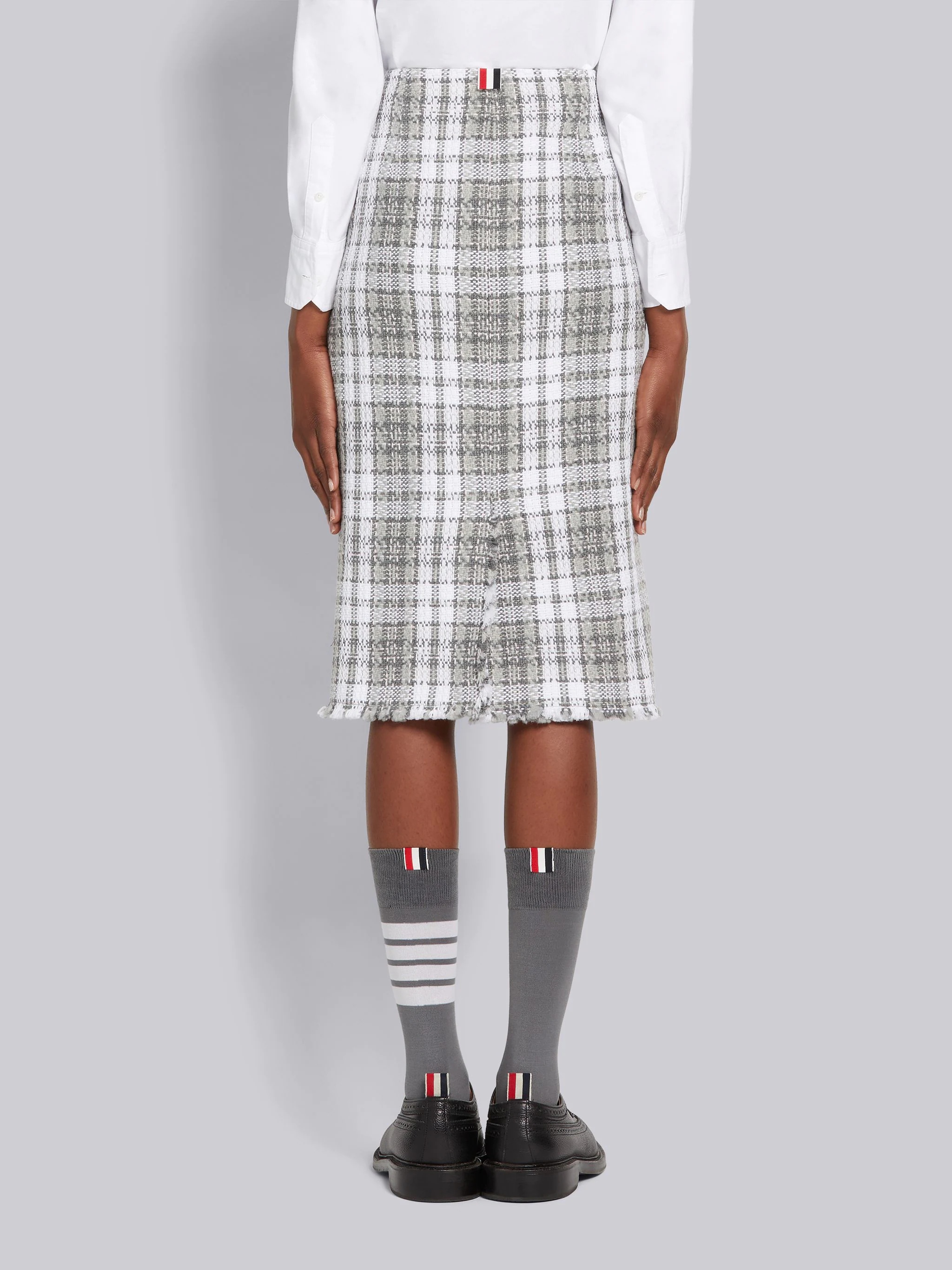 Medium Grey Tartan Check Tweed Frayed Low-rise Pencil Skirt - 3