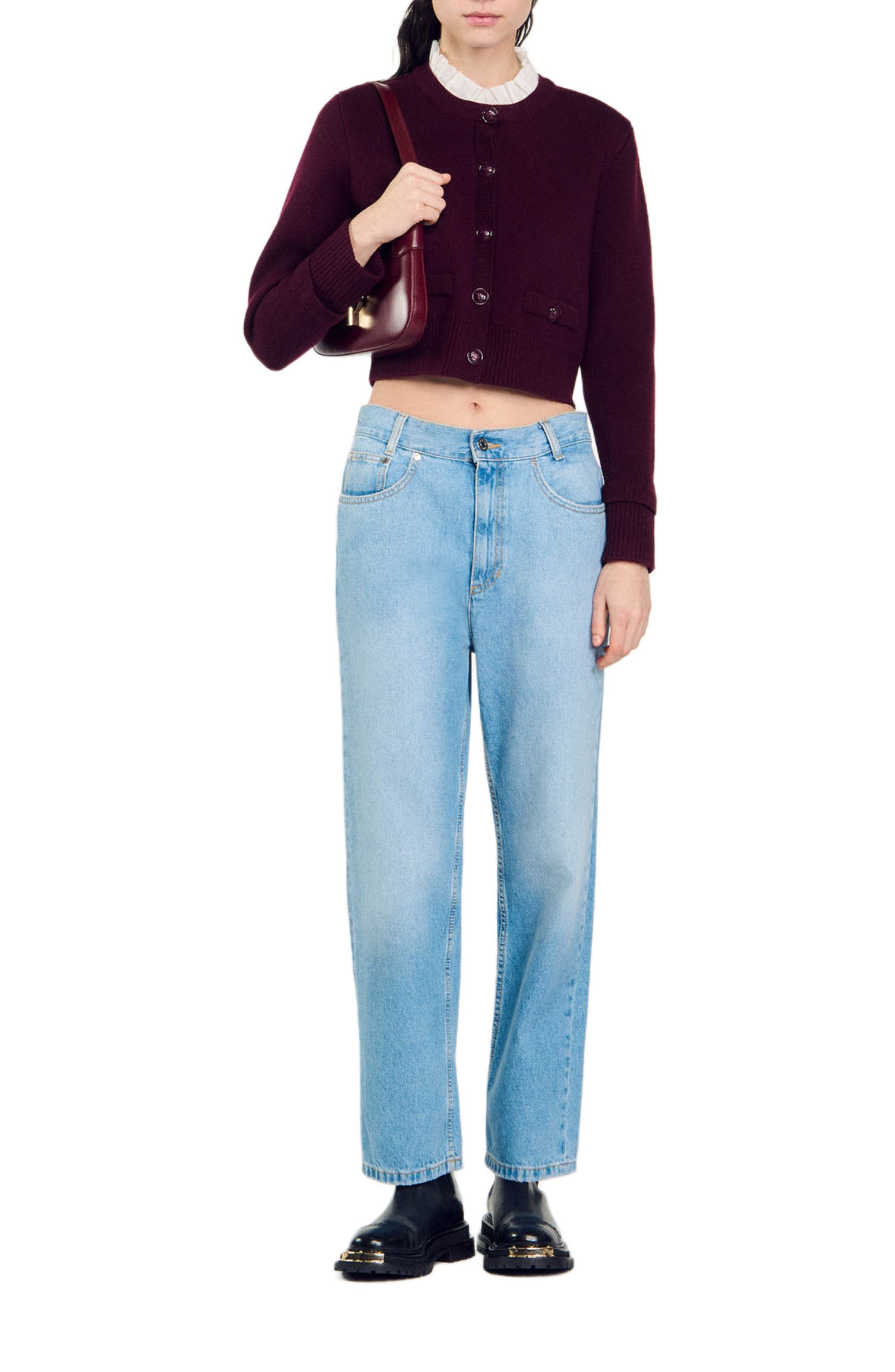 SANDRO Knit cardigan with ruffled collar in Bordeaux at Nordstrom - 5