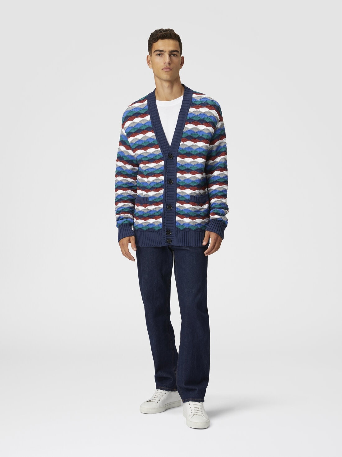 Cotton-blend cardigan with wave pattern and contrasting piping - 2