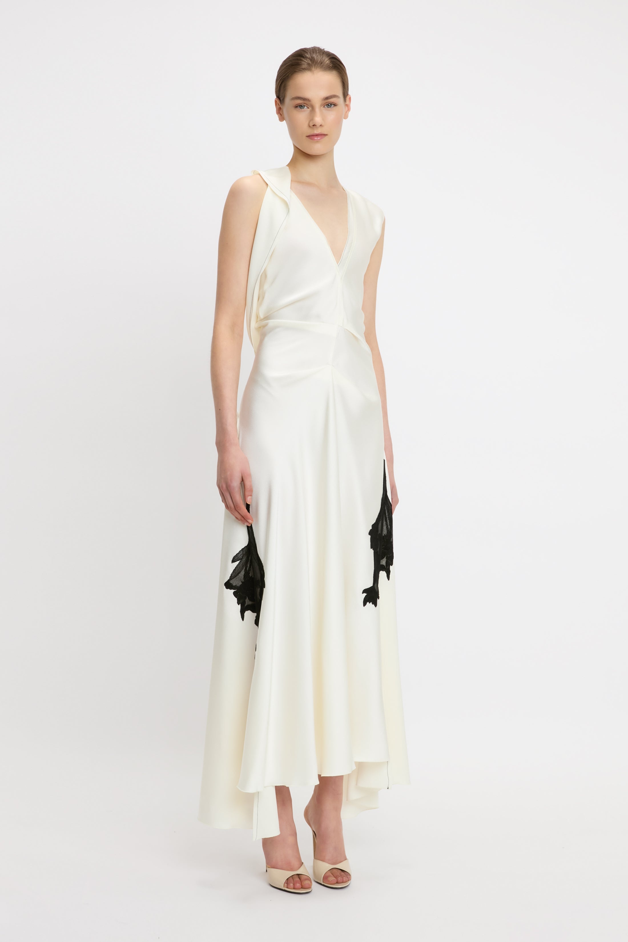 Draped Lace Detail Midi Dress In Ivory - 3