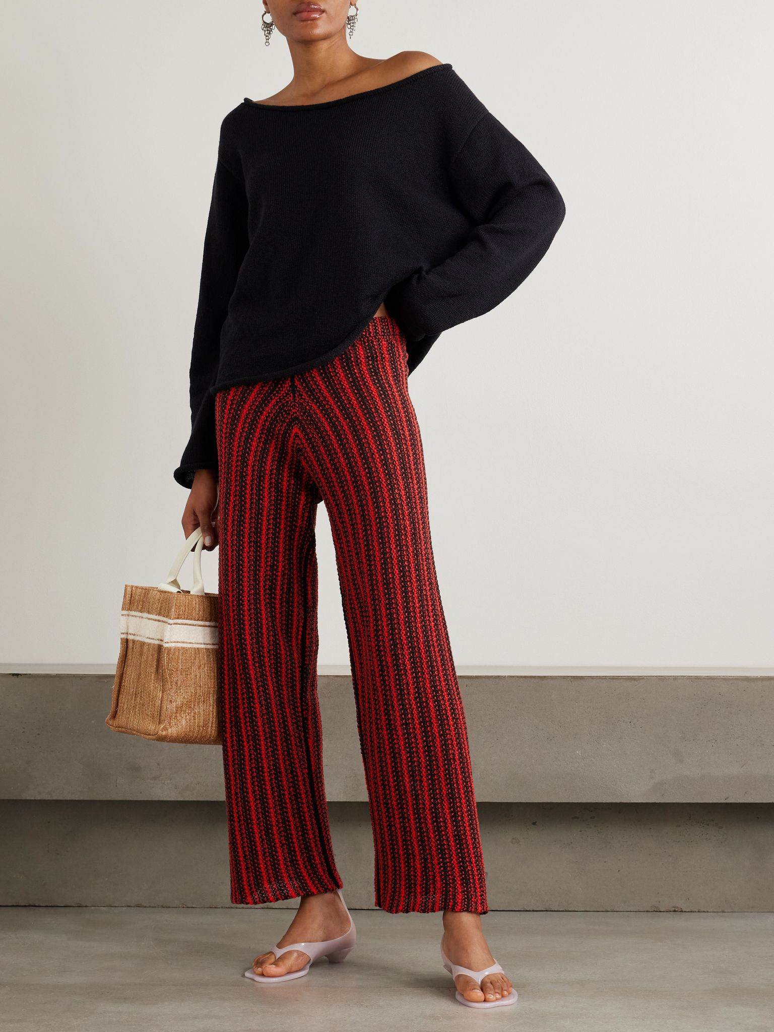 Nora Lite open-knit cotton wide-leg pants Red - 2