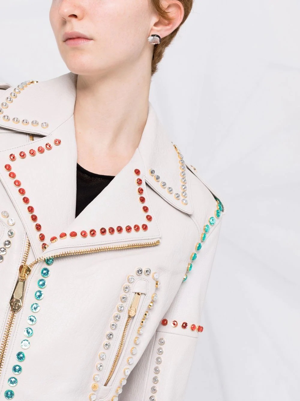 crystal-trim studded cropped biker jacket - 5