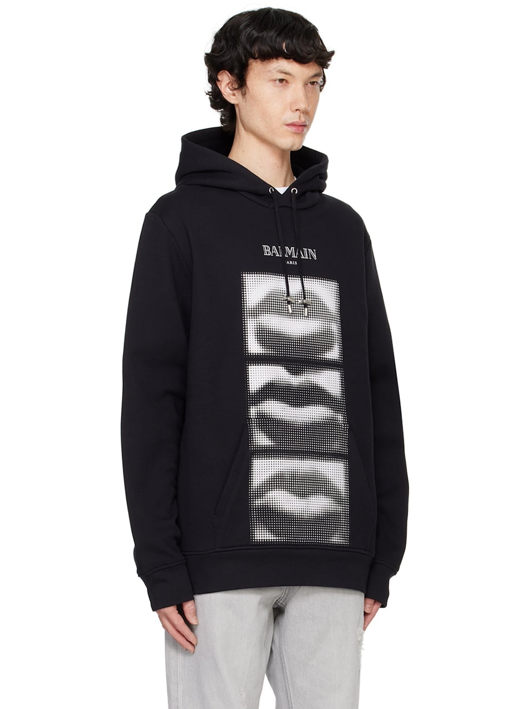 Black Vintage 'Balmain Lips' Print Hoodie - 2