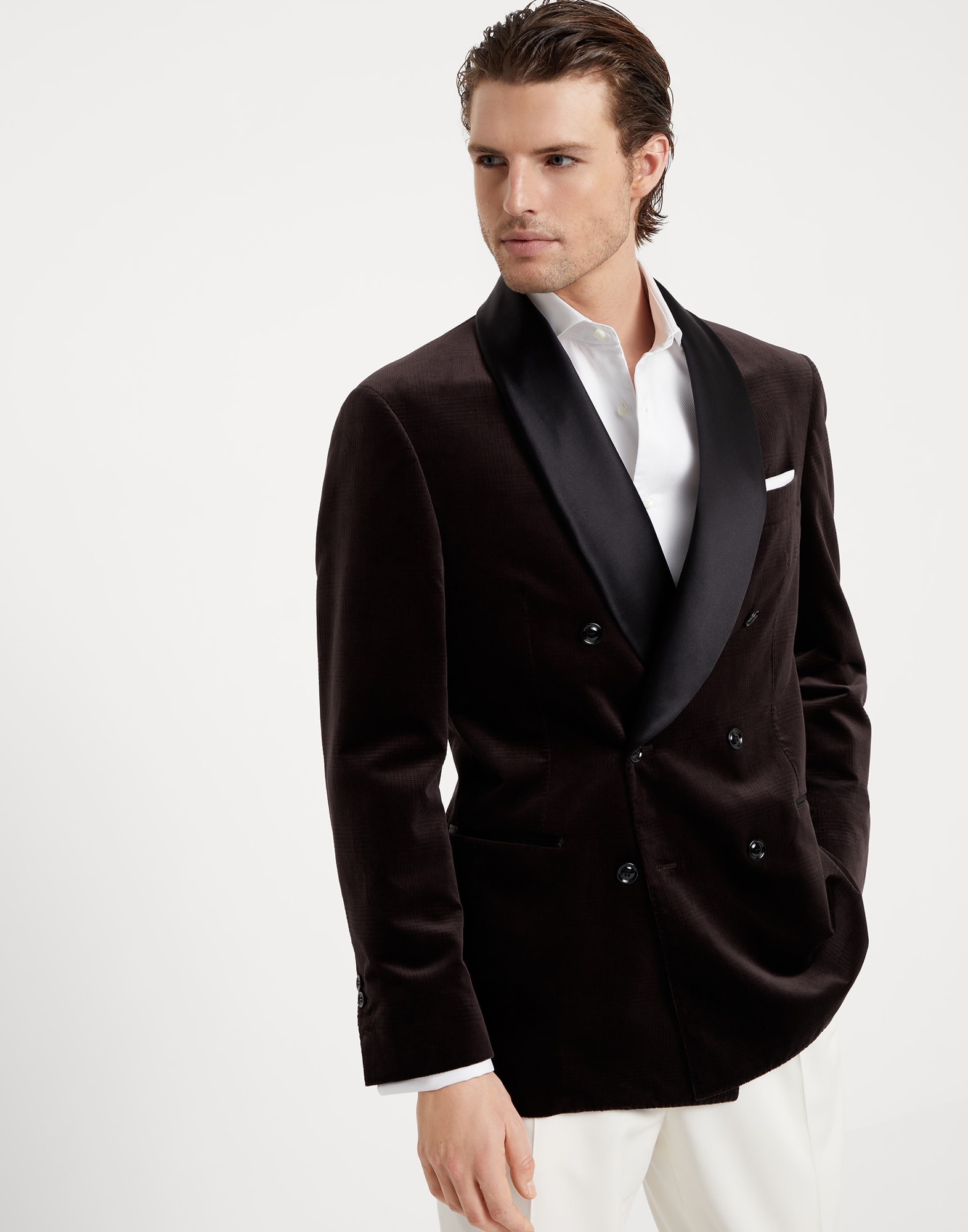 Cotton Prince of Wales velvet one-and-a-half breasted tuxedo jacket with shawl lapels - 1