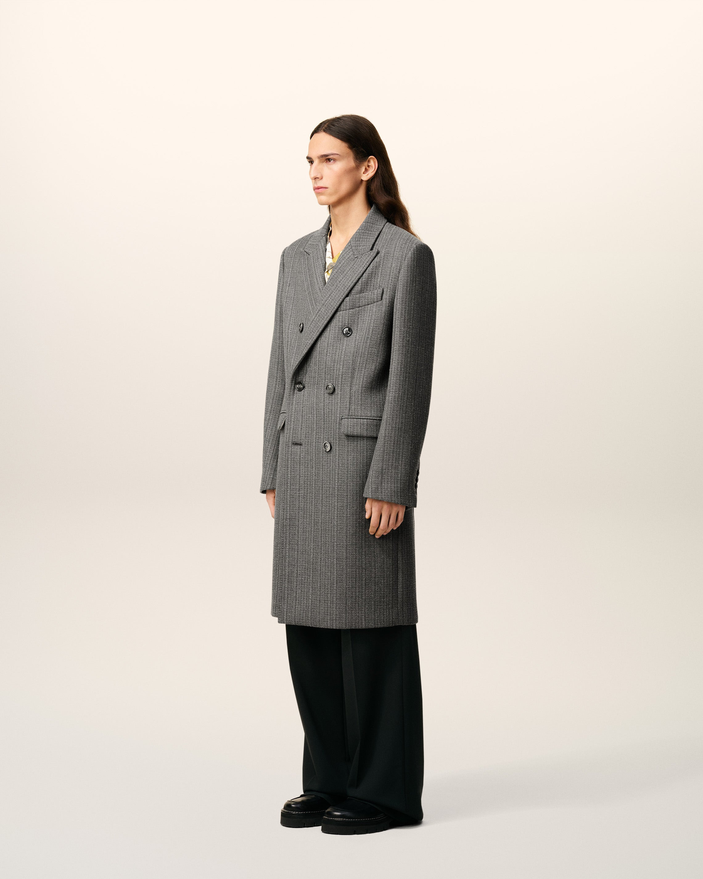 GREY WOOL HERRINGBONE DOUBLE BREASTED COAT - 6