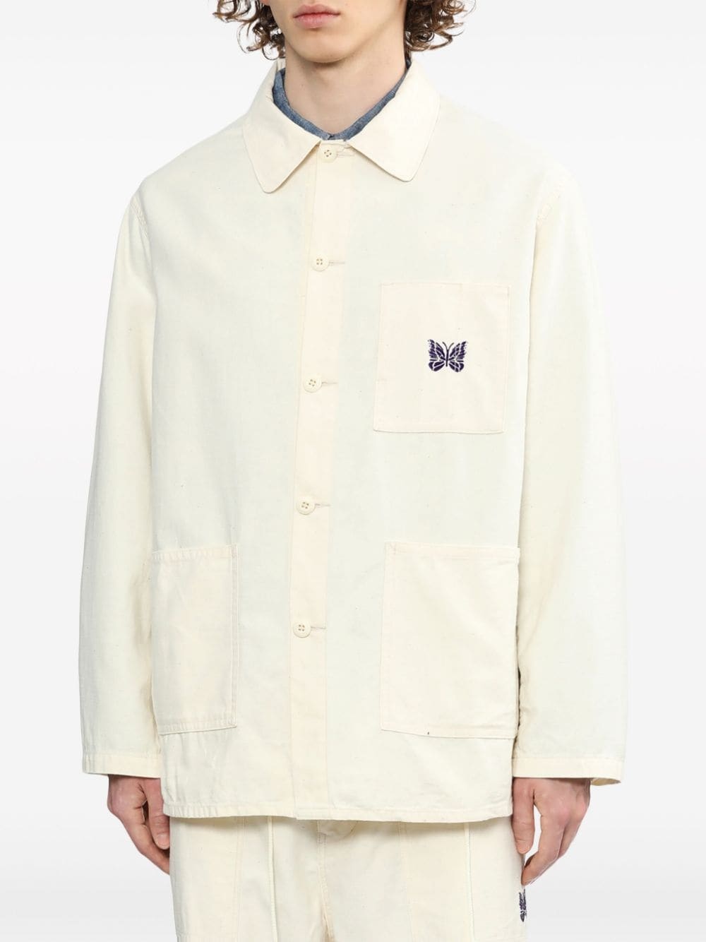 logo-embroidered cotton shirt jacket - 3