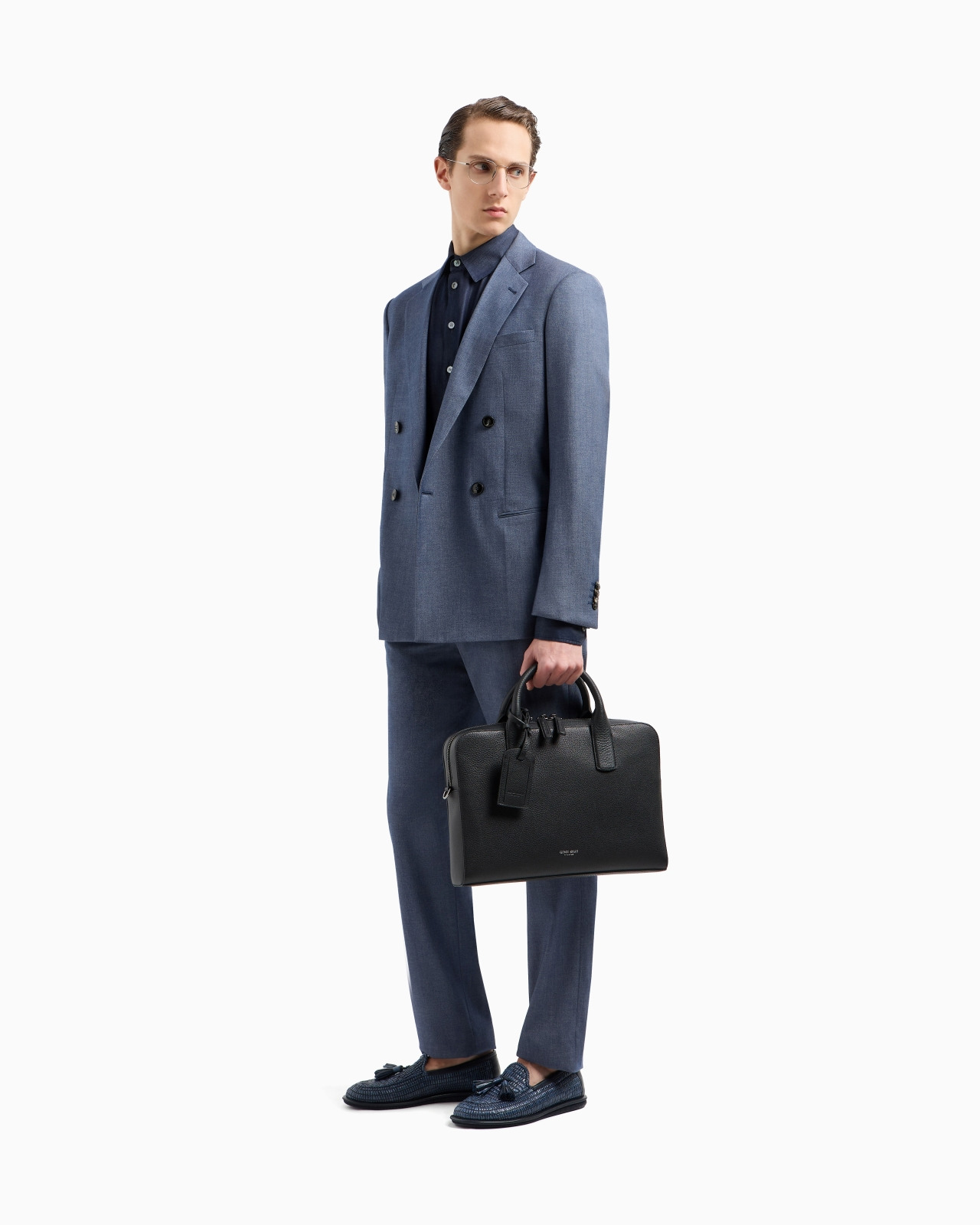 SOHO LINE DOUBLE-BREASTED DENIM-EFFECT CASHMERE AND STRETCH COTTON SUIT - 2