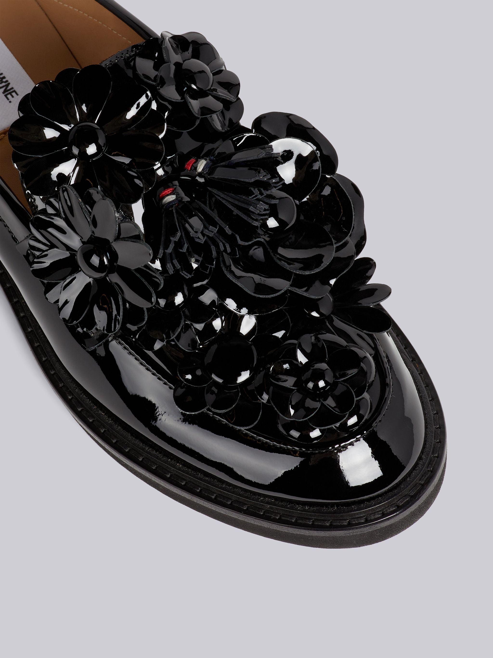 Black Soft Patent Leather Floral Applique Micro Sole Tassel Loafer Mule - 2