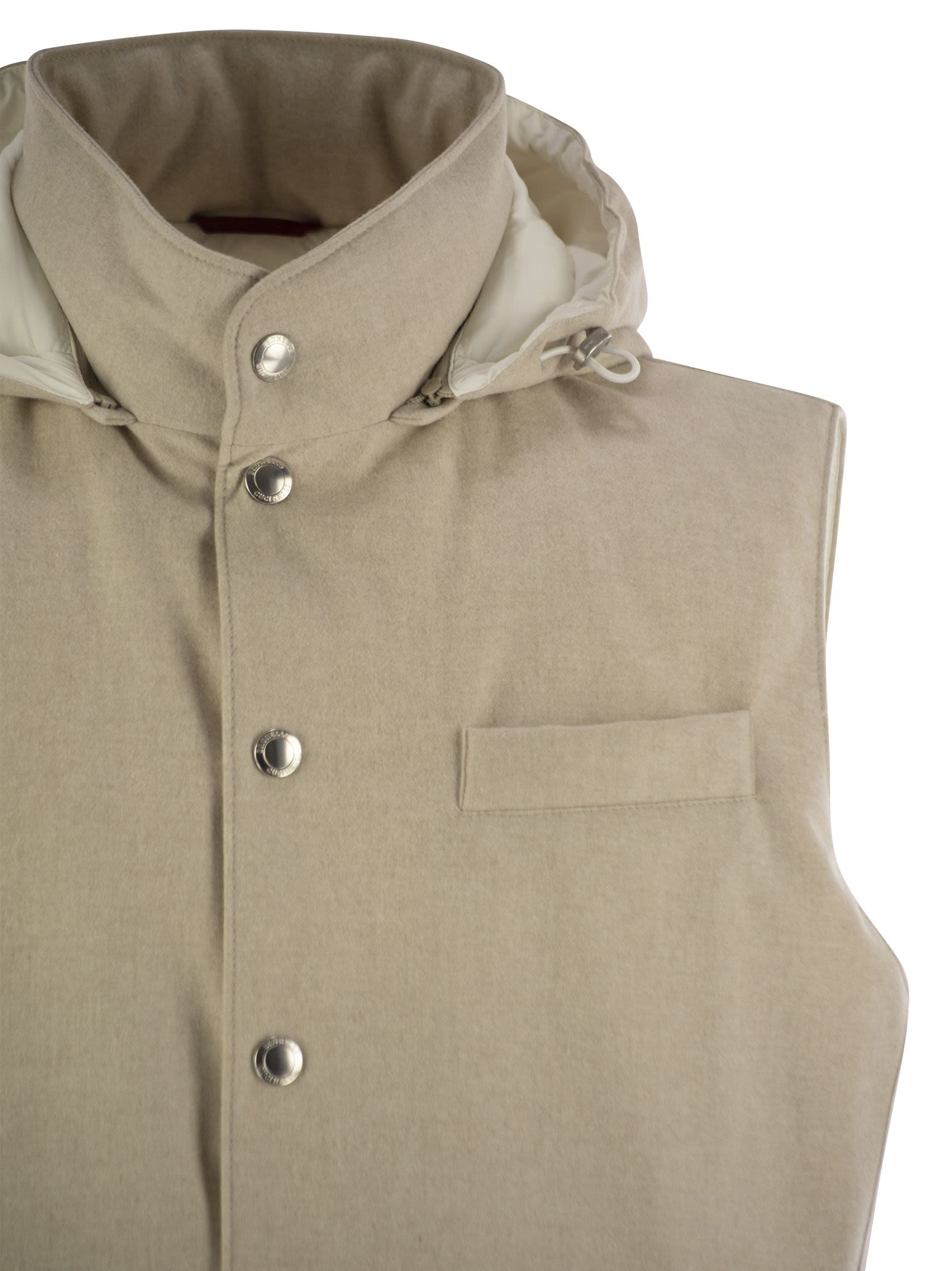 Brunello Cucinelli Men Sleeveless Down Jacket In Membraned Wool Flannel With Detachable Hood - 4