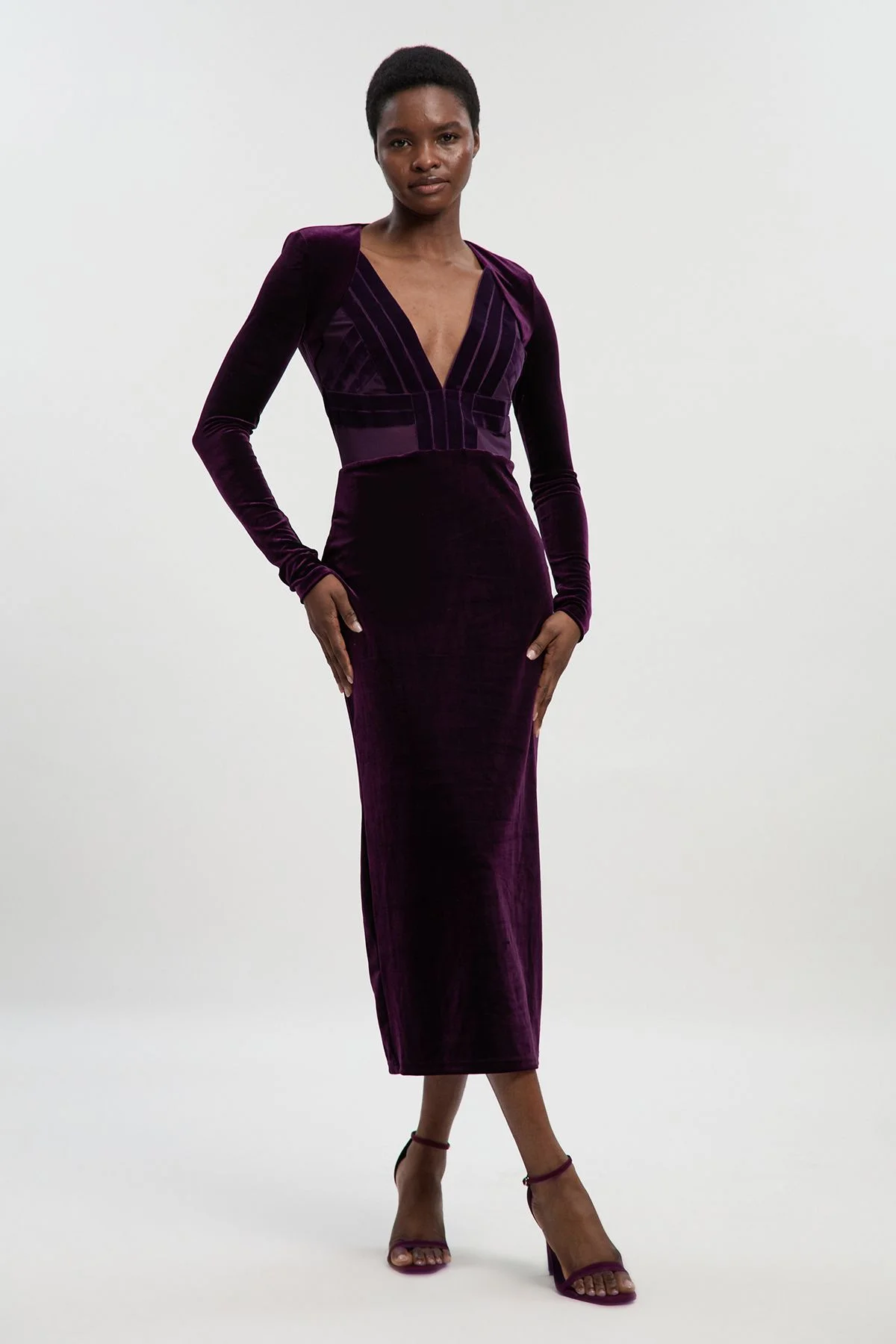Stretch Velvet Taping Detail Mesh Plunge Neck Cut Out Back Midi Dress - 1
