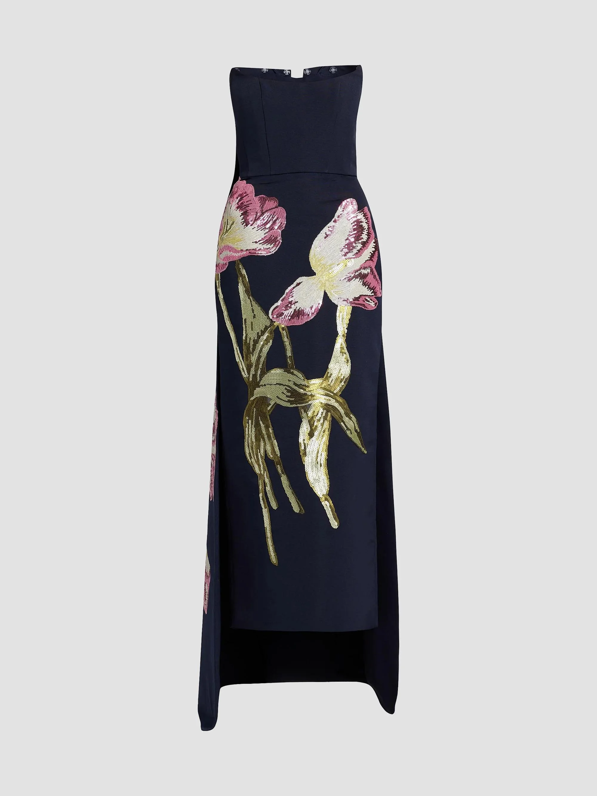 Women's Sequined Floral Strapless Gown - Navy - 1