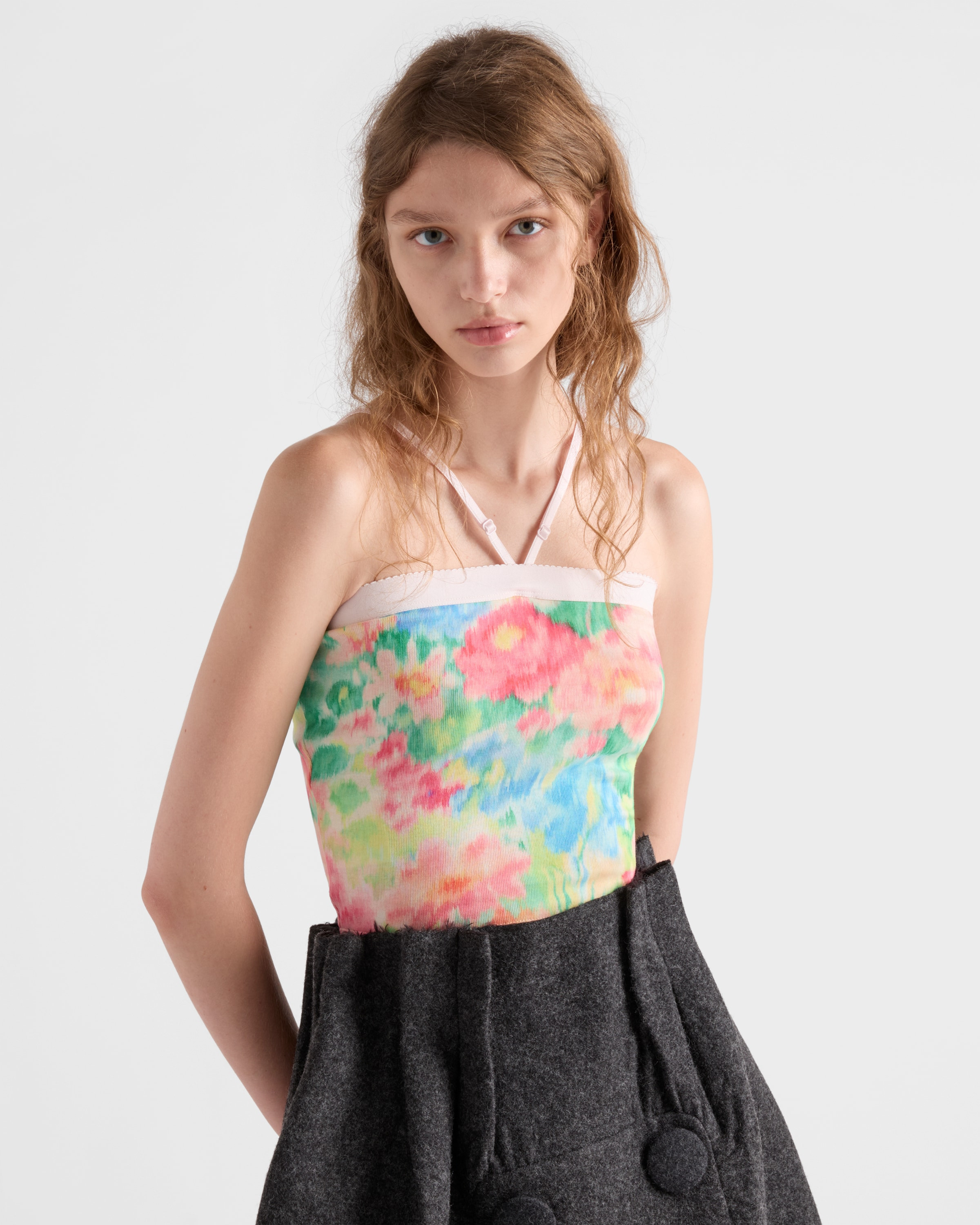 Ribbed knit cotton top with floral print - 3