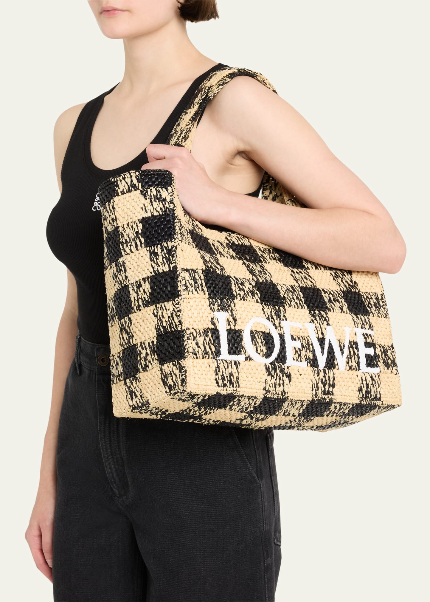 Large Tote Bag in Gingham Raffia - 2