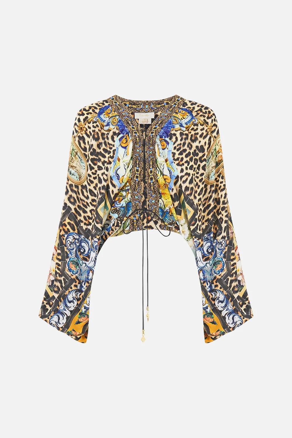 LACE UP FRONT BLOUSON SLEEVE BLOUSE - 1