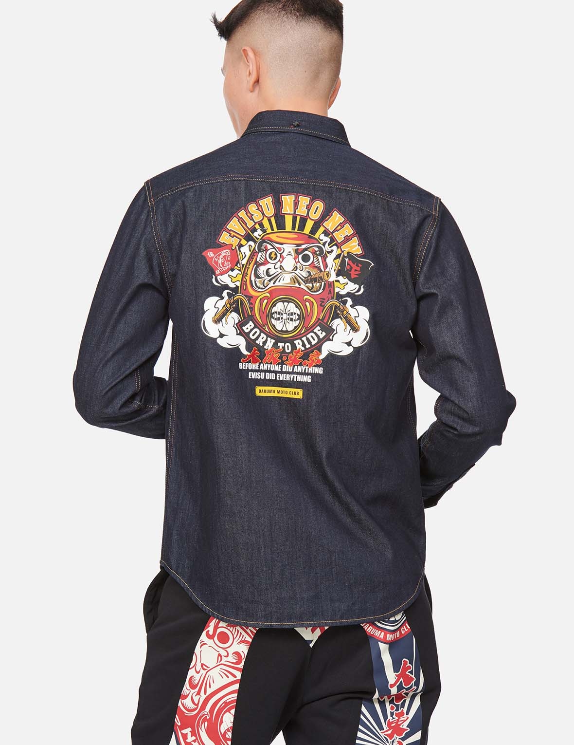 MOTORCYCLE DARUMA PRINT DENIM SHIRT - 3