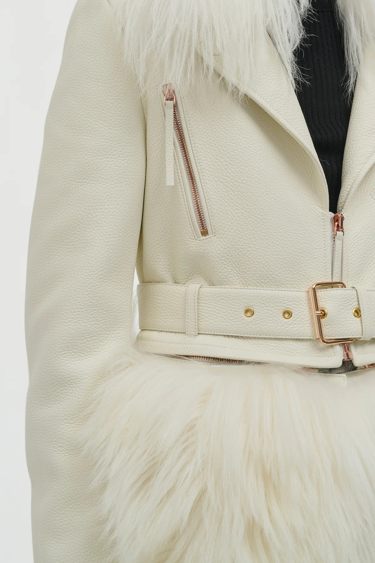 Brymwylf Convertible Coat in White Textured Leather & Cashmere Shearling - 7
