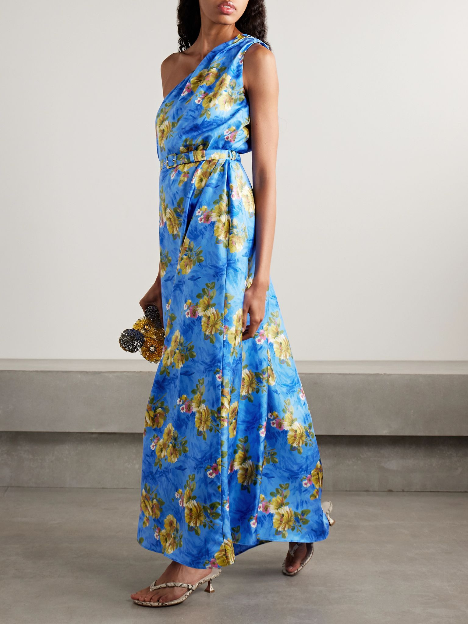 Roy one-shoulder belted floral-print silk-twill maxi dress Blue - 2