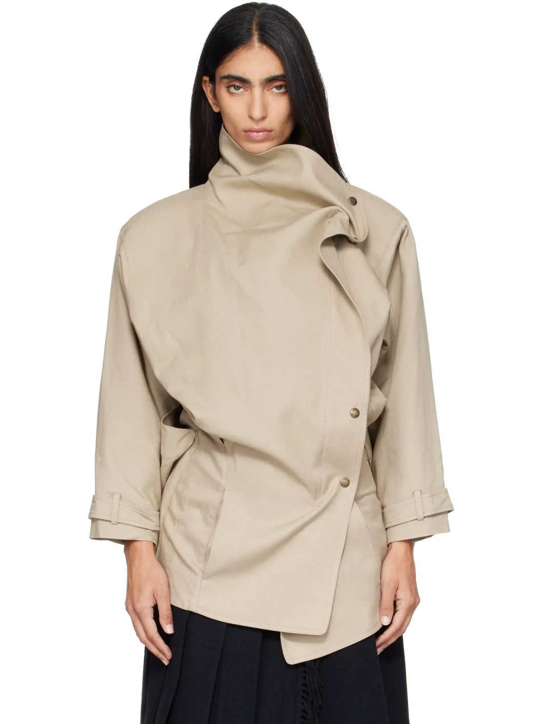 Beige Drop Collar Half Trench Jacket - 1