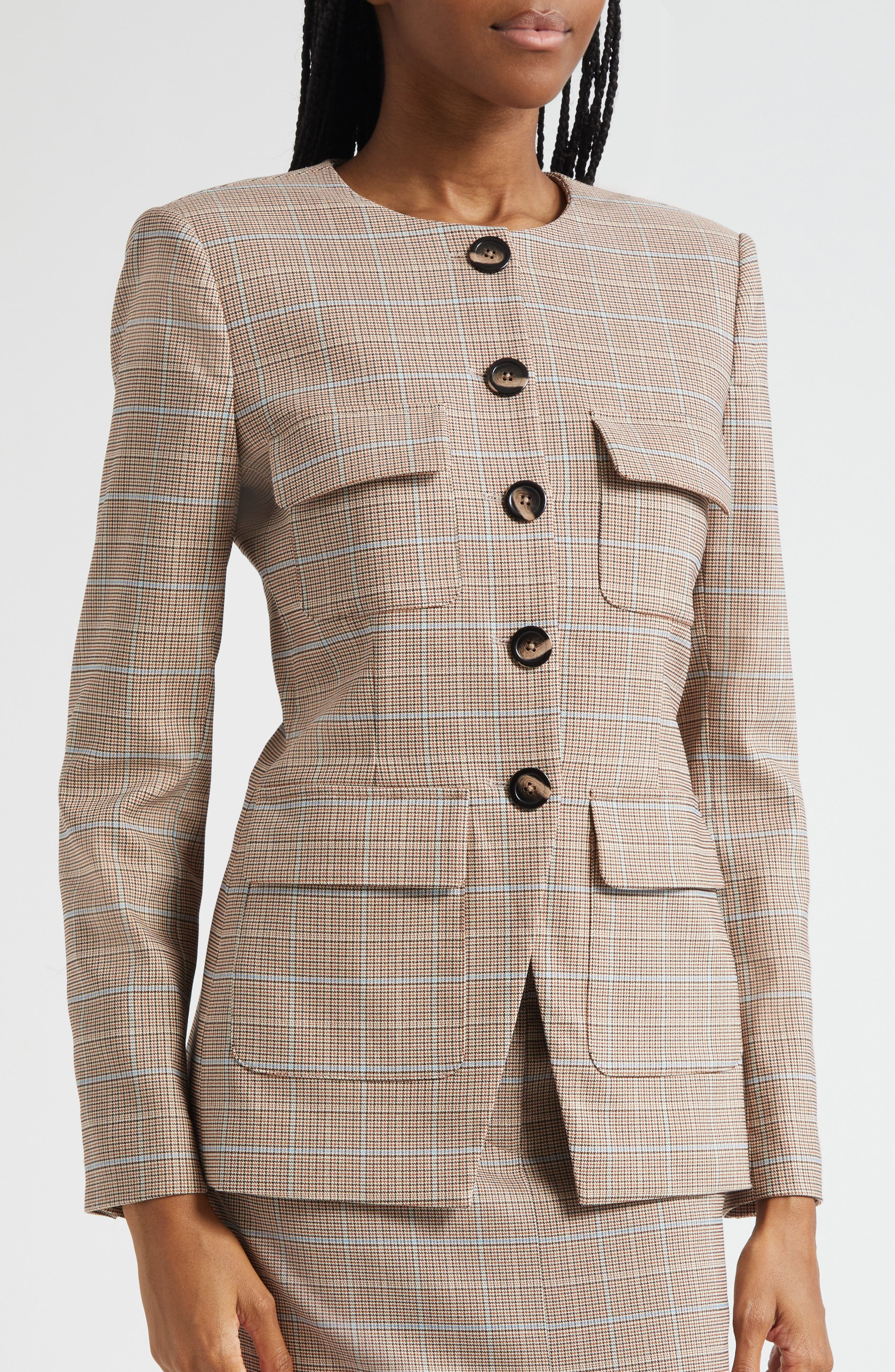 Veronica Beard Orrin Windowpane Plaid Collarless Jacket in Hazelnut Multi at Nordstrom - 5