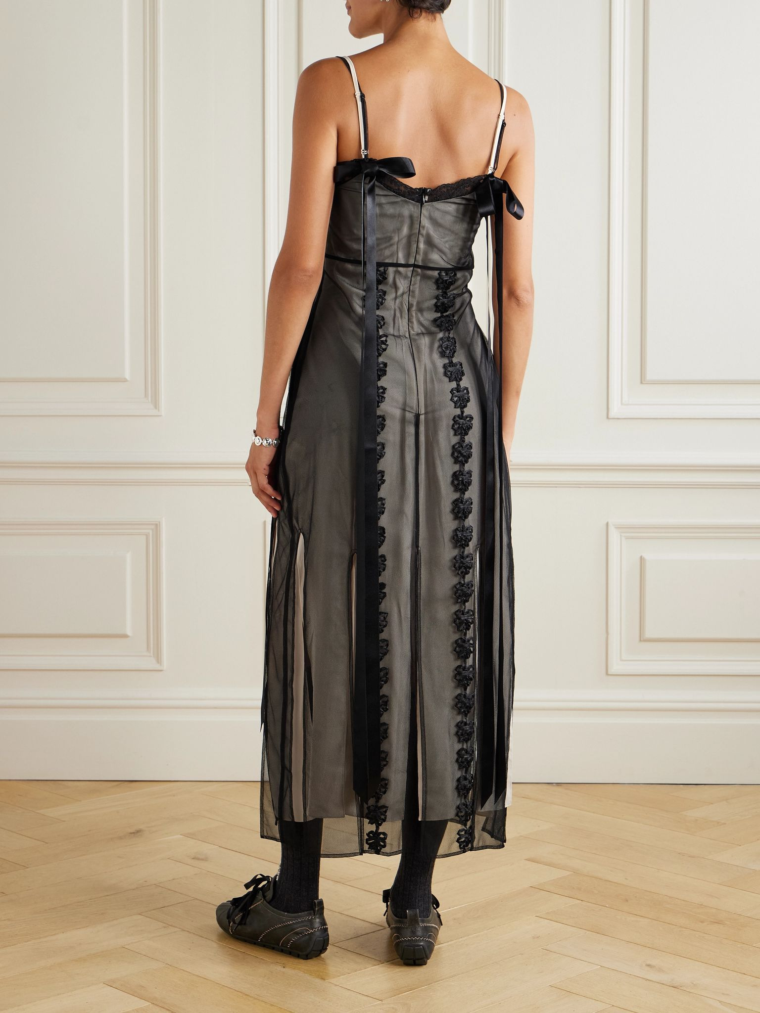 Bow-detailed lace-trimmed chiffon midi dress Black - 4