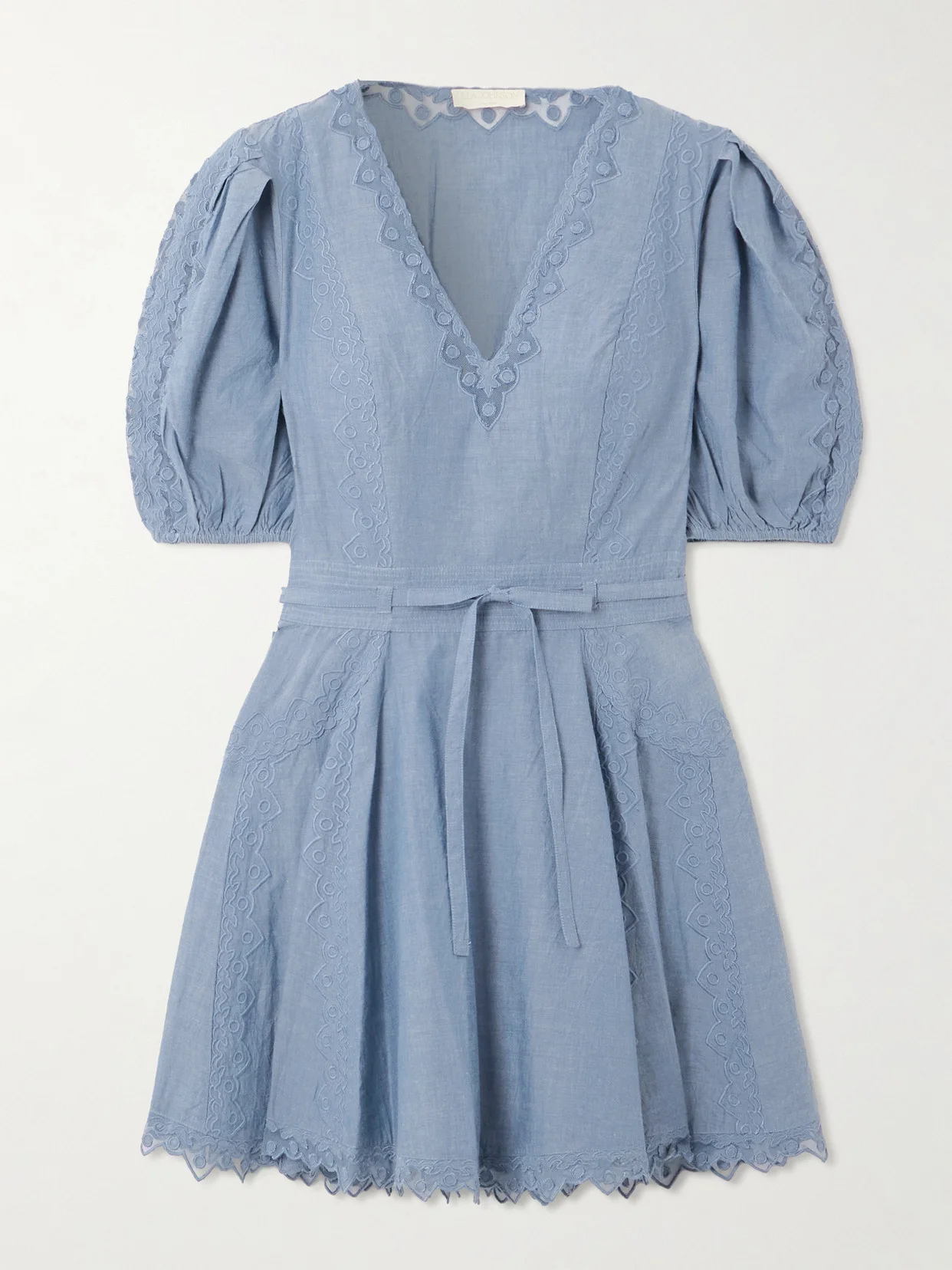 Camilla Belted Embroidered Tulle-trimmed Cotton-chambray Mini Dress - 1