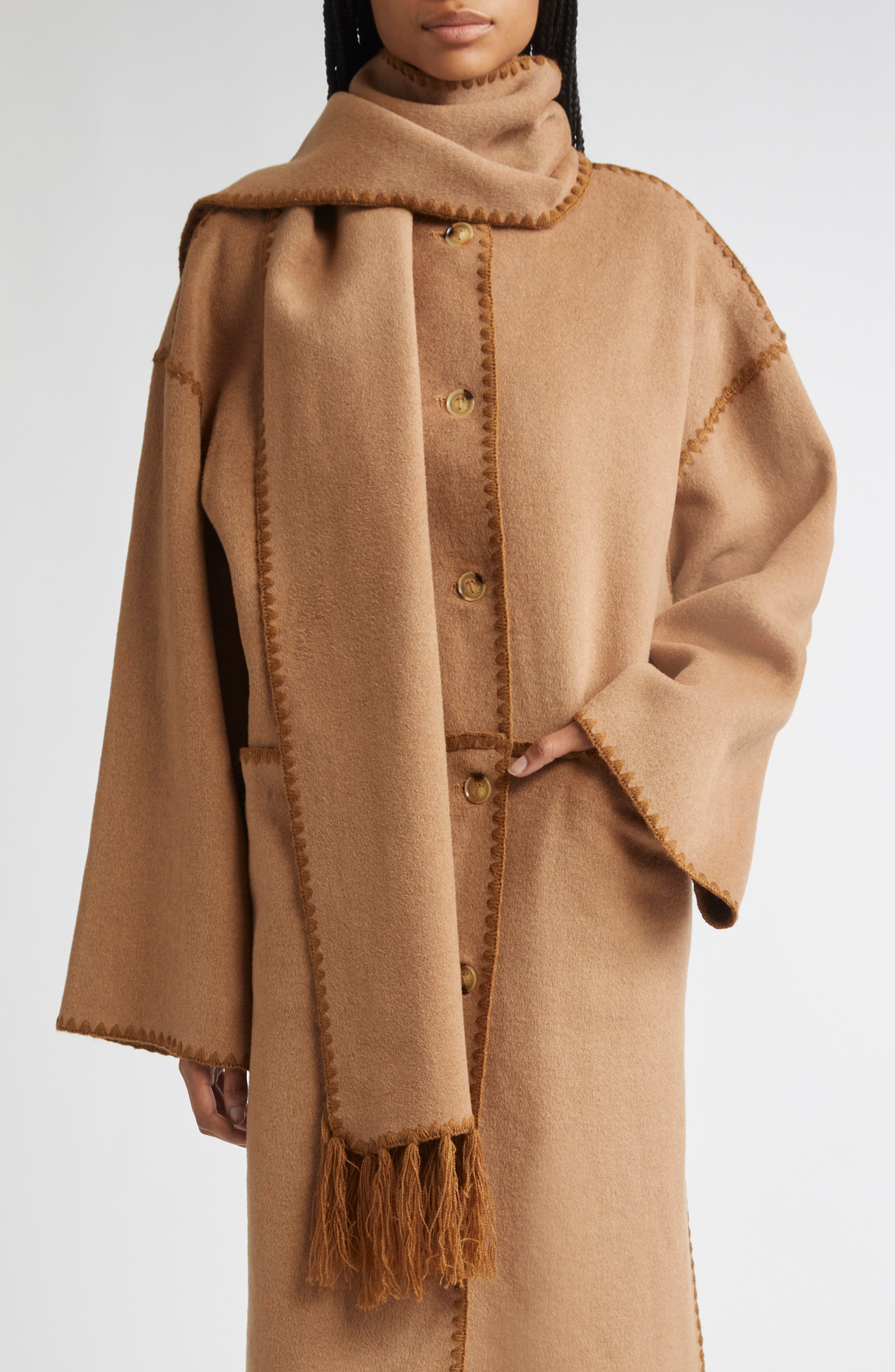 TOTEME Embroidered Scarf Wool Blend Coat in Camel at Nordstrom - 1