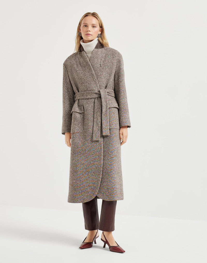 Virgin wool and silk mélange diagonal belted coat with monili 1