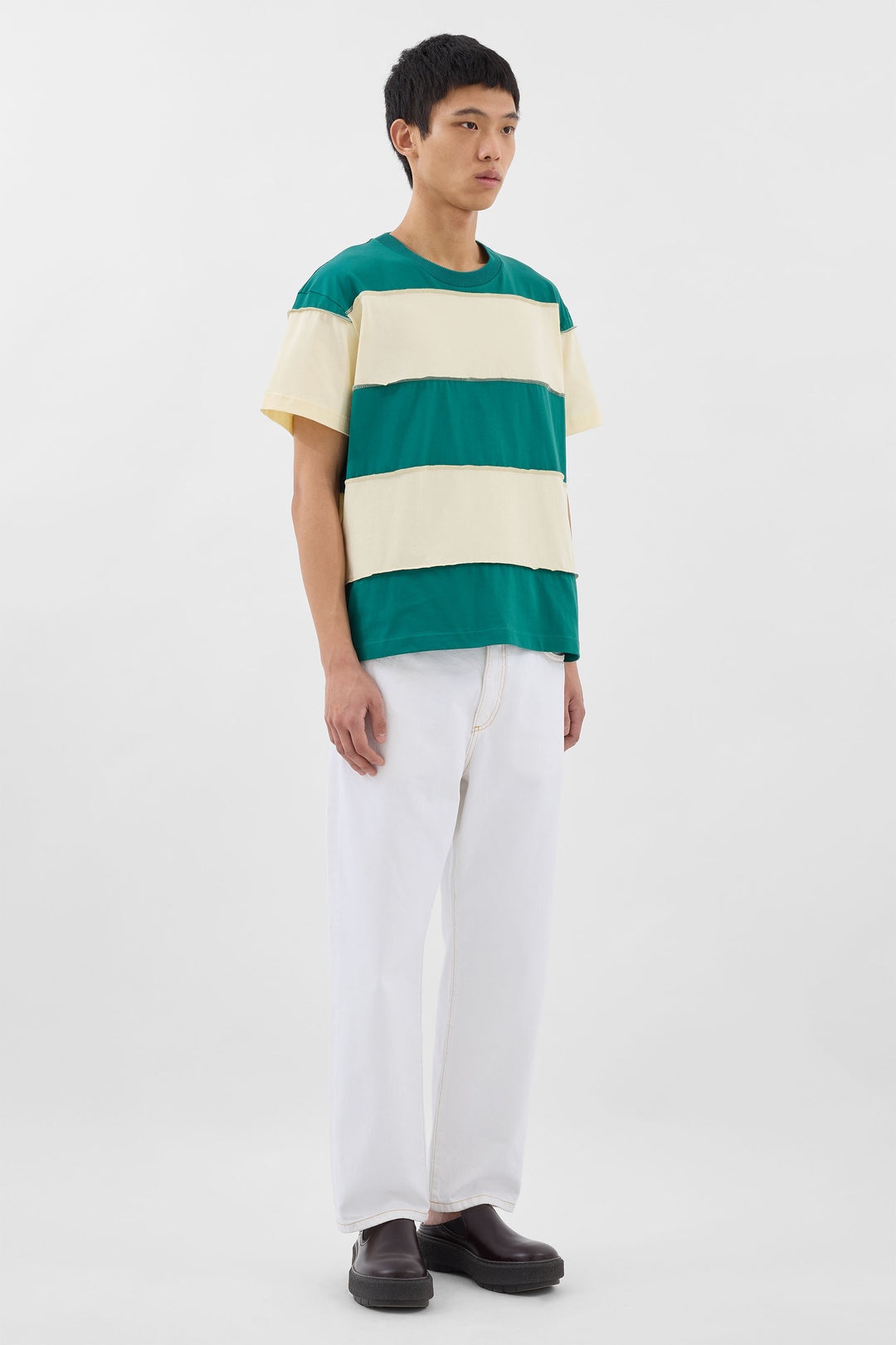 STRIPED T-SHIRT W/ CUTS / off white & green - 3