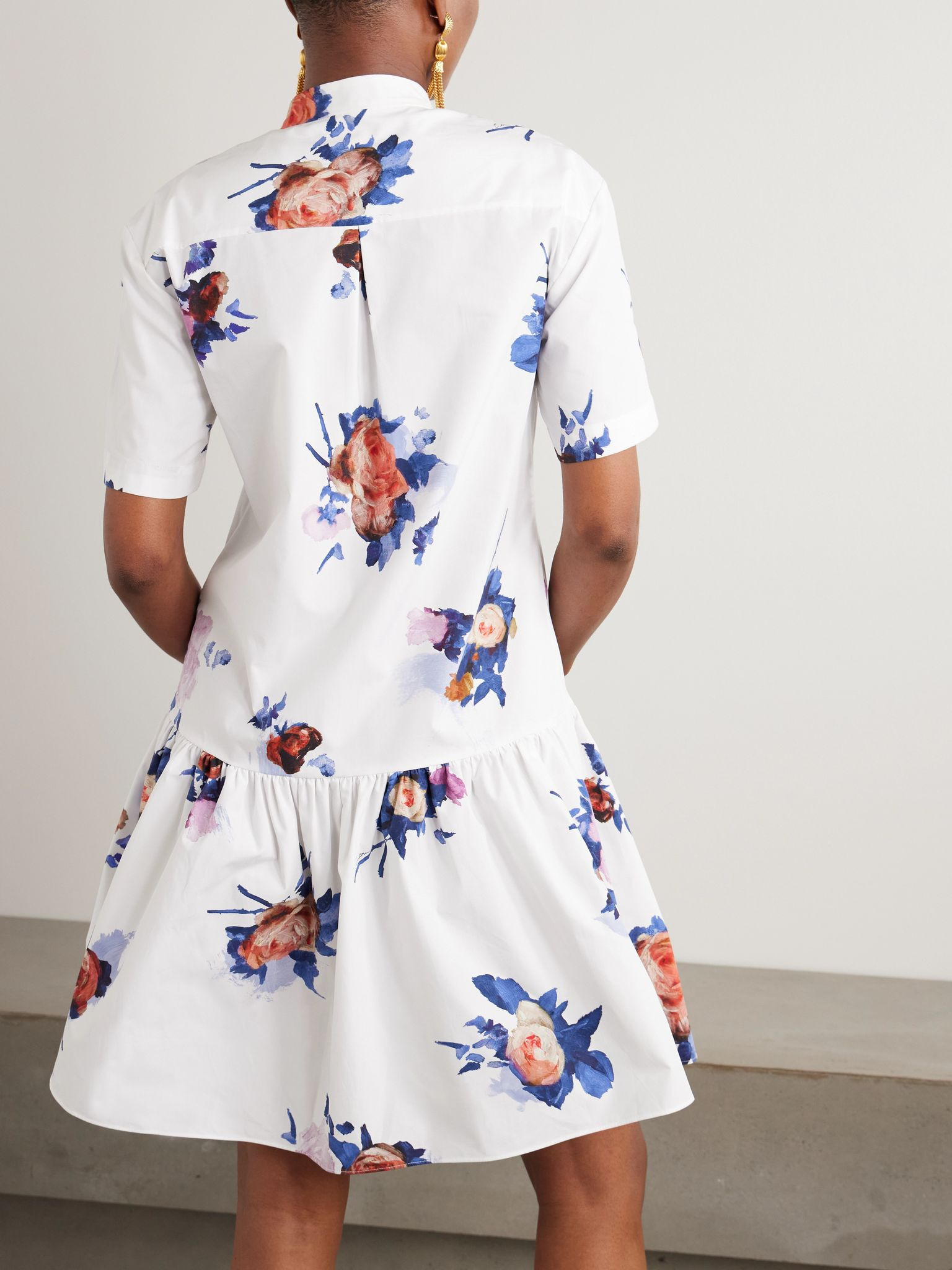 Tiered floral-print cotton-poplin mini shirt dress Multi - 3
