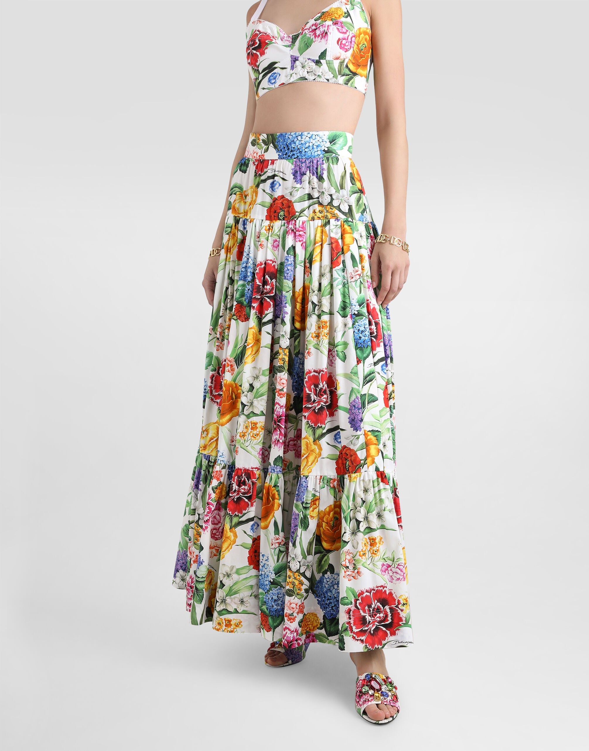 Dolce & Gabbana Long ruffled skirt in floral-print cotton