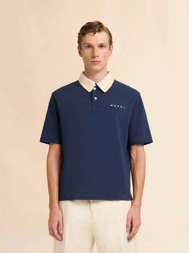 Marni DEEP BLUE PIQUÉ POLO SHIRT WITH STRIPED COLLAR outlook