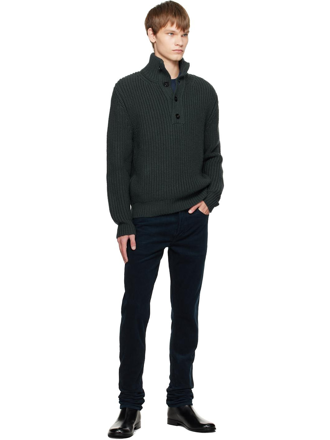 Gray Cashmere Wool Half Button Sweater - 4