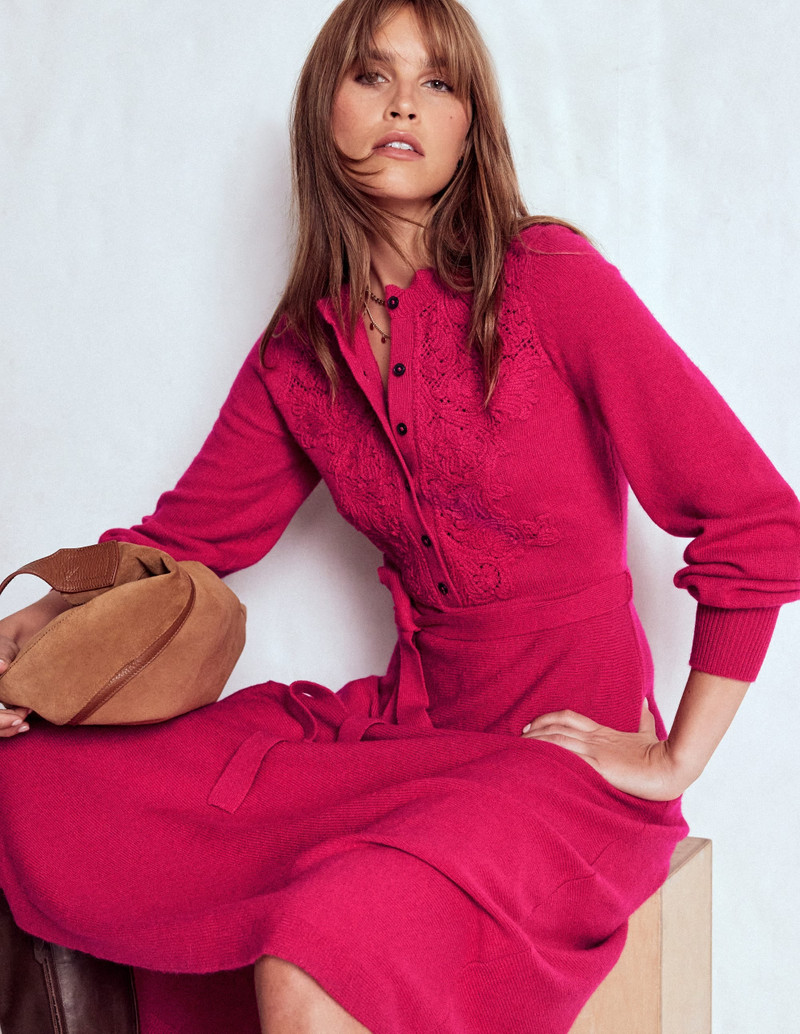 Lace Insert Knitted Midi Dress-Vibrant Pink 3