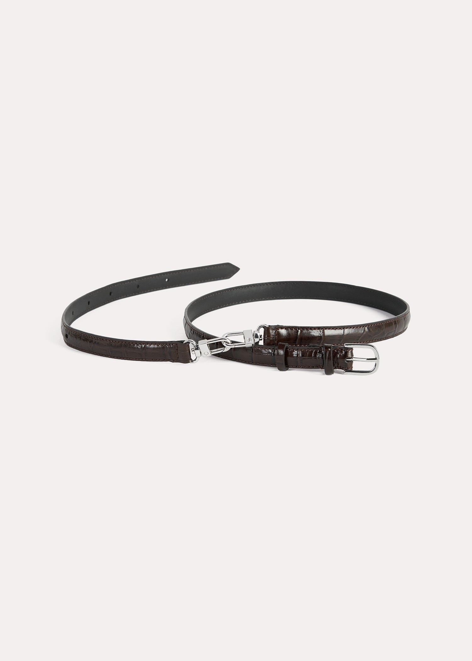 Double clasp leather belt dark brown croco - 4