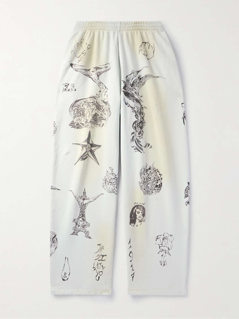 Wide-Leg Printed Distressed Cotton-Jersey Sweatpants - 1