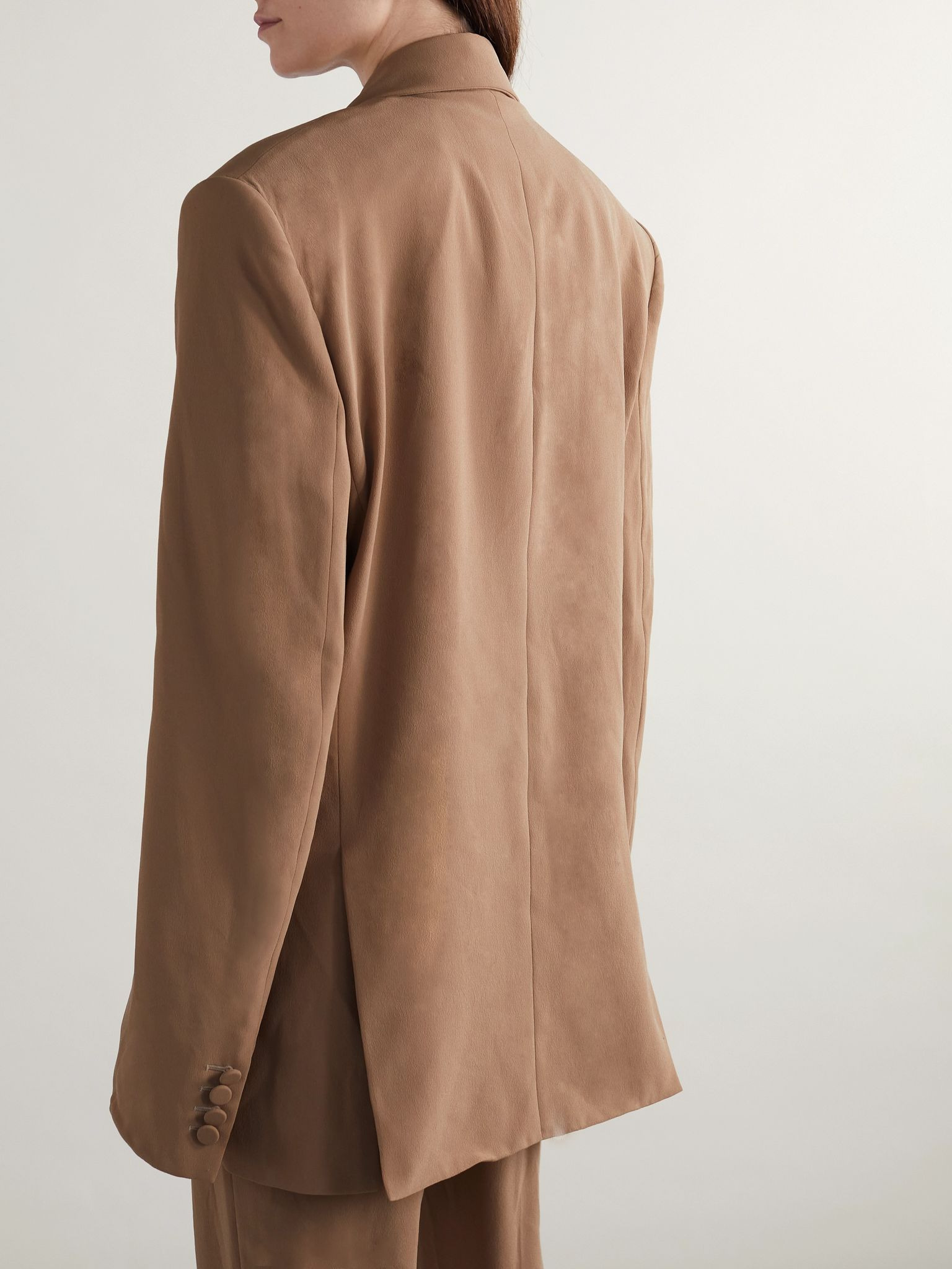 Double-breasted silk-crepe blazer Light brown - 3