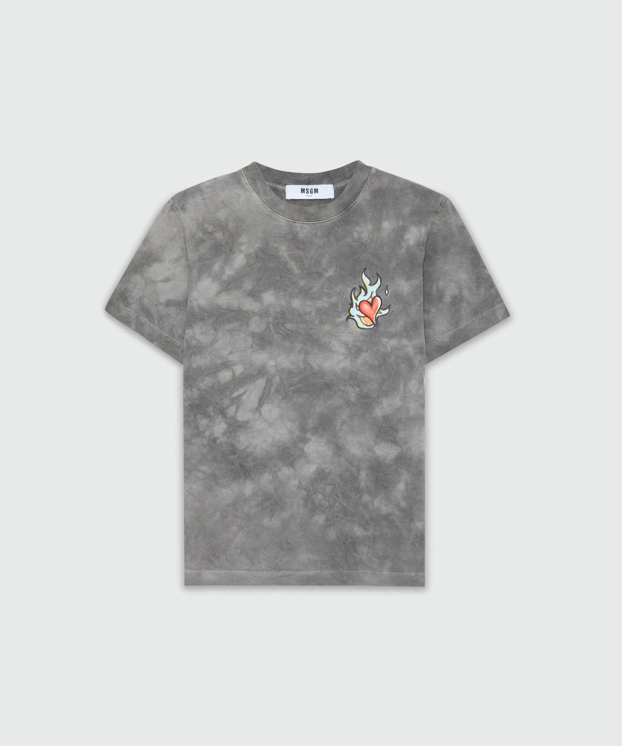 Grey tie-dye jersey T-shirt with MSGM "Heart on fire" print - 1