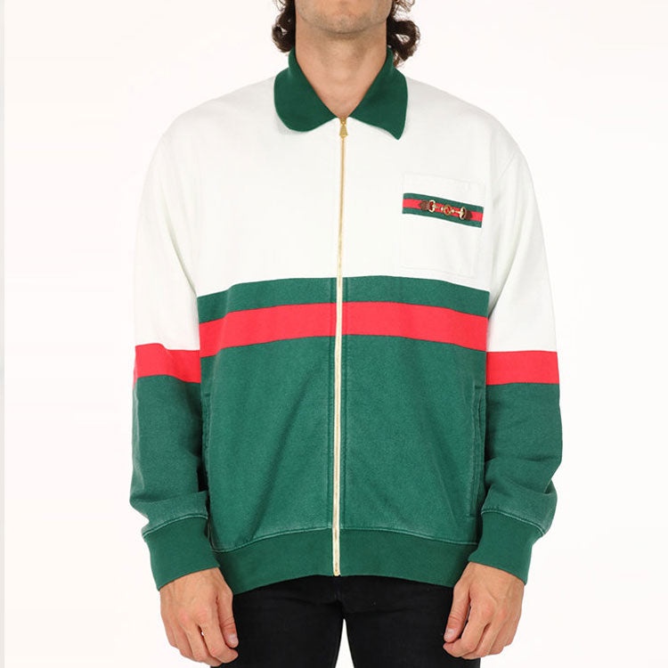 Gucci Web Detail Panelled Zip-Up Cardigan 'White Green' 625402-XJC0D-9146 - 2